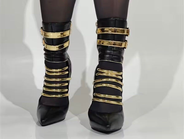 Women Black Faux Leather Gold Buckled High Heel Ankle Boots