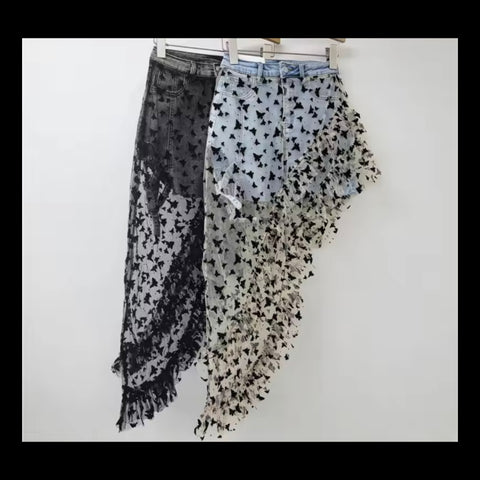 Women Fashion Printed Mesh Asymmetrical Denim Skirt