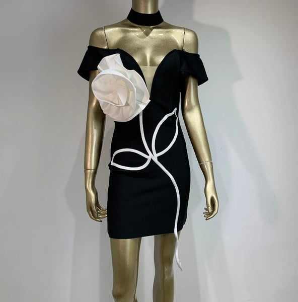 Women Sexy Black Off The Shoulder 3D Floral Print Dress