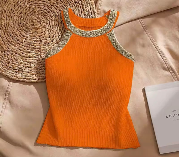 Women Beaded Bling Sleeveless Fashion Top