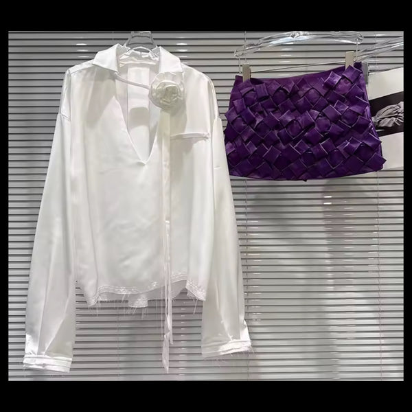 Women White Button Up Full Sleeve Two Piece Purple Skirt Set