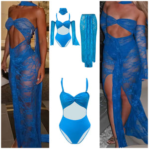 Women Sexy Blue Lace Swimsuit Cover Up Set