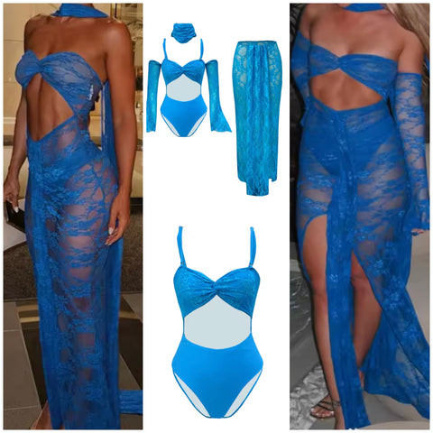 Women Sexy Blue Lace Swimsuit Cover Up Set