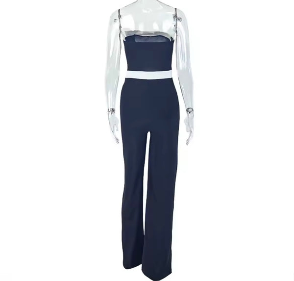 Women Sexy Strapless B&W Asymmetrical Jumpsuit