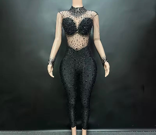Women Sexy Fashion Bling Crystal Mesh Full Sleeve Jumpsuit