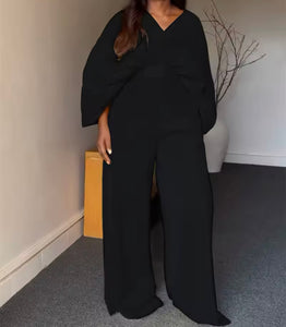 Women Solid Color Pleated Two Piece Fashion Pant Set