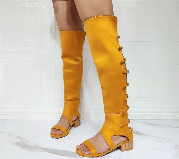 Women Open Toe Buckled Back Fashion Knee High Sandals