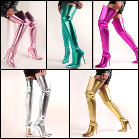Women Fashion Color Metallic Over The Knee High Heel Boots
