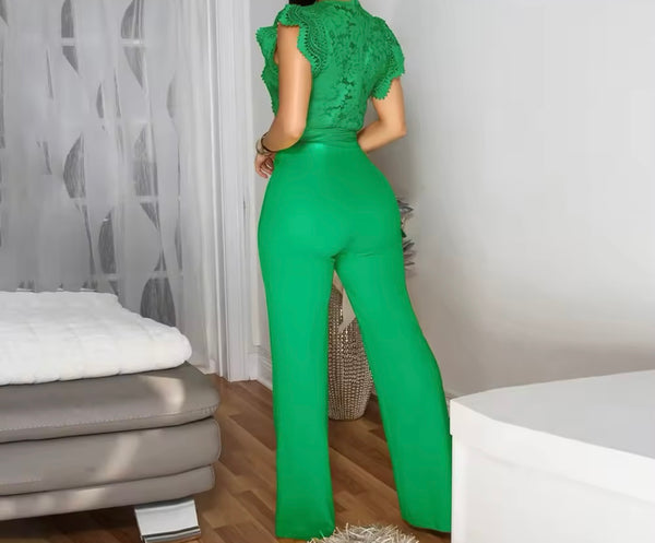 Women Sexy Lace Patchwork Short Sleeve Tie Up Jumpsuit
