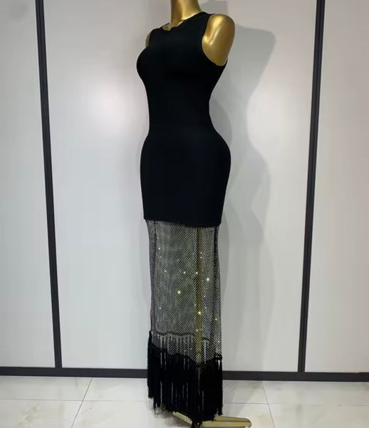 Women Sexy Sleeveless Black Mesh Fringe Maxi Dress