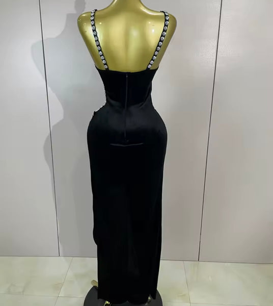 Women Sleeveless Black Cut Out Rhinestone Velour Maxi Dress