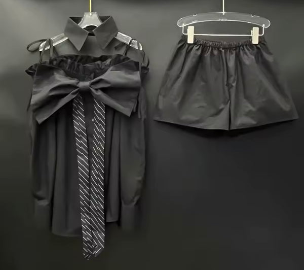 Women Collar Off The Shoulder Striped Bow Two Piece Short Set