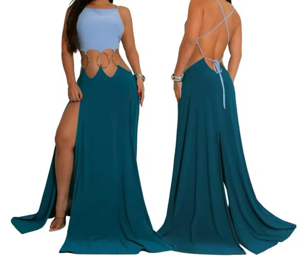 Women Sexy Sleeveless Color Patchwork Metal Cut Out Maxi Dress