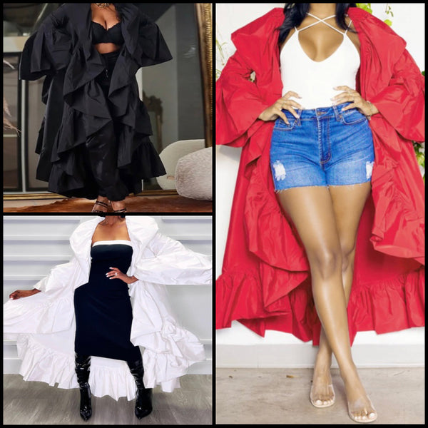 Women Black Hooded Ruffled Long Jacket