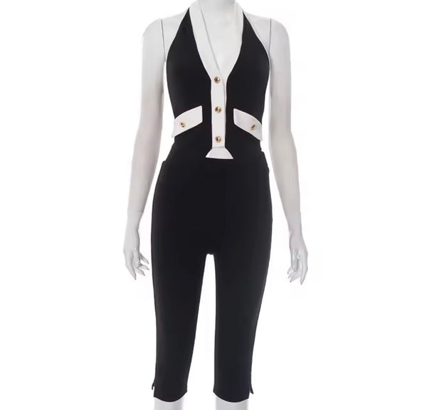 Women Sleeveless Button Up B&W Vest Two Piece Capri Pant Set