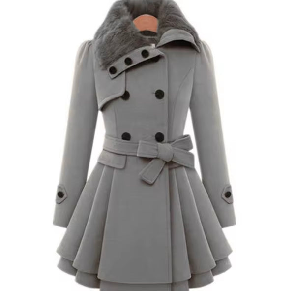 Women Fashion Fur Collar Button Up Ruffled Jacket