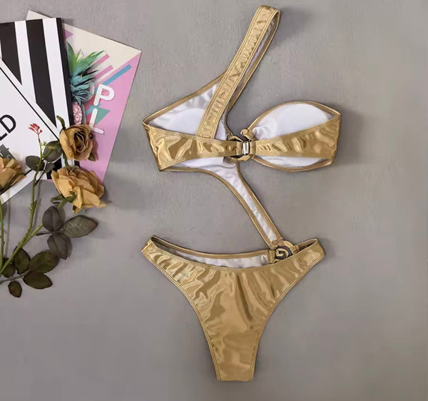 Women Sexy Gold One Shoulder Cut Out Swimsuit
