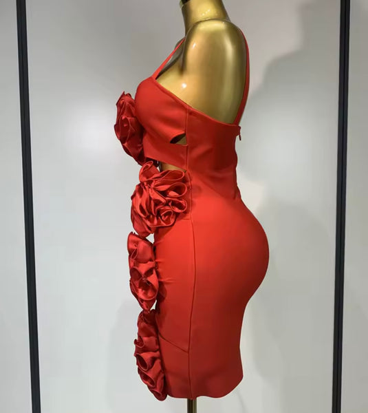 Women Red Sleeveless 3D Floral Cut Out Sexy Dress