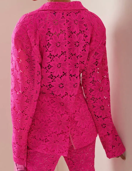 Women Pink Sexy Lace Two Piece Blazer Pant Set