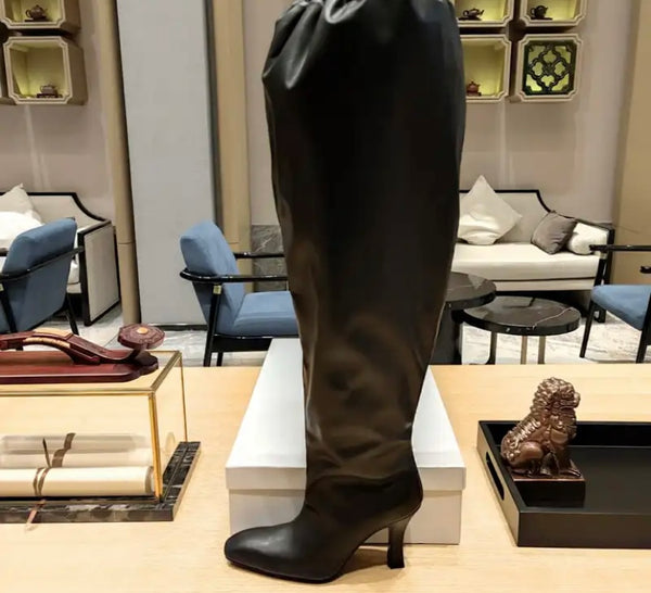 Women Fashion Solid Color Faux Leather Knee High Boots
