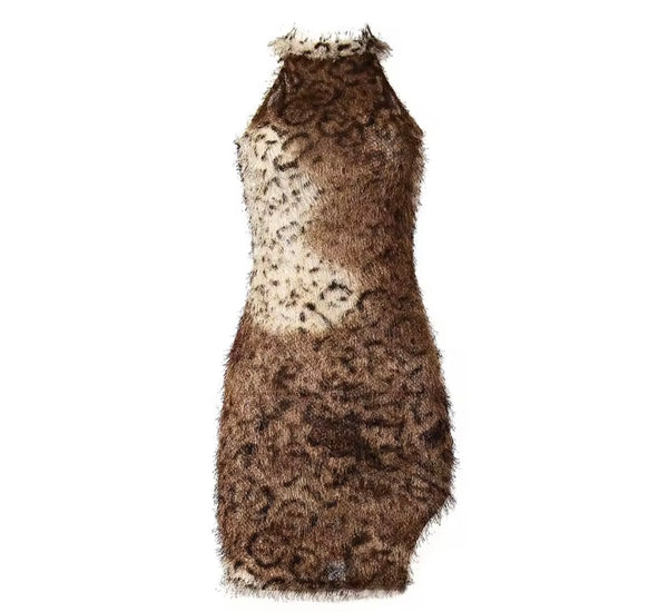 Women Sexy Sleeveless Furry Leopard Print Dress