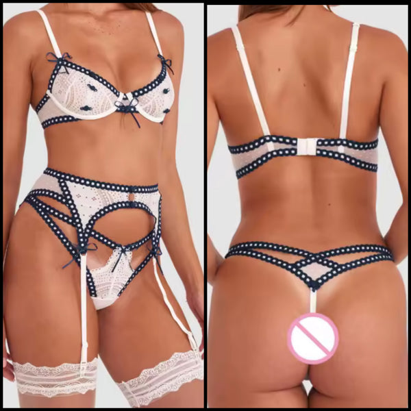 Women Sexy White Polka Dot Lace Lingerie Set