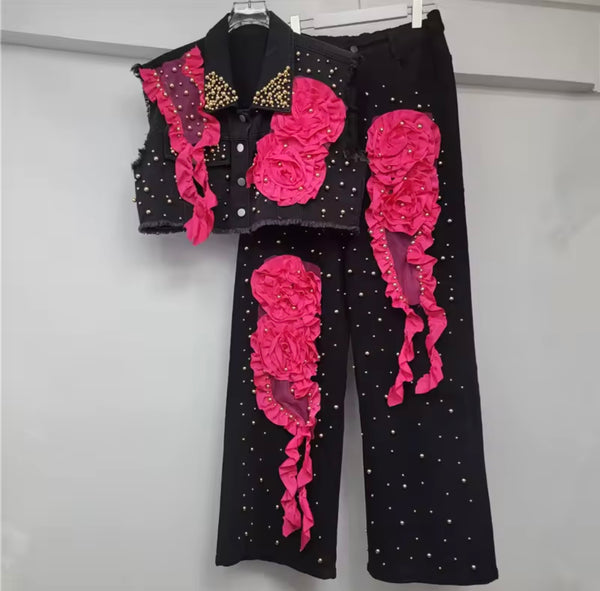 Women Sleeveless Rivet Floral Denim Vest Two Piece Pant Set