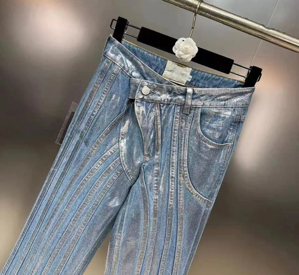 Women Fashion Metallic Patchwork Denim Pants