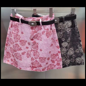 Women Fashion Color Patchwork Floral Denim Skirt