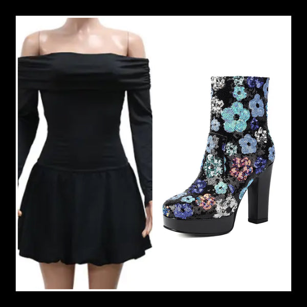 Women Fashion Black Sequins Floral Patent Leather Platform Ankle Boots