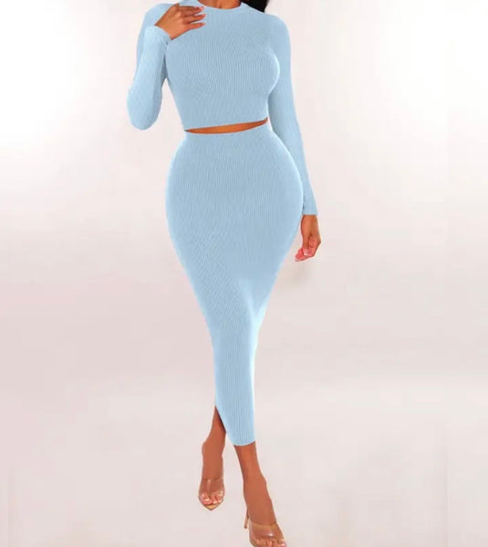 Women Ribbed Solid Color Full Sleeve Two Piece Maxi Skirt Set