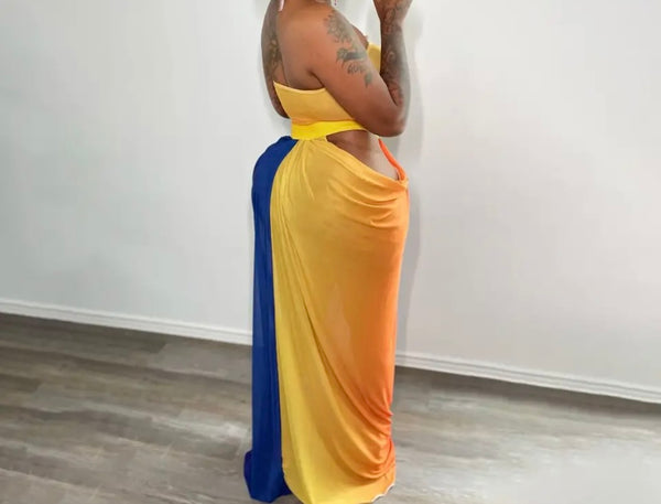 Women Sexy Strapless Multicolored Two Piece Maxi Skirt Set