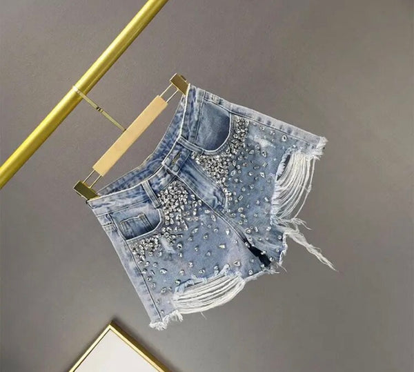 Women Fashion Ripped Rhinestone Patchwork Denim Shorts