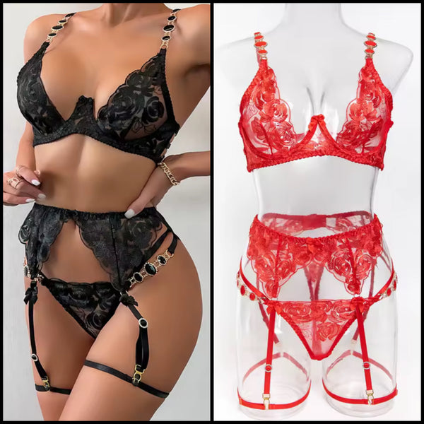 Women Sexy Metal Crystal Lace Lingerie Set