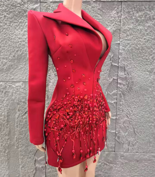 Women Sexy Full Sleeve Crystal Tassel Zip Up Blazer Dress