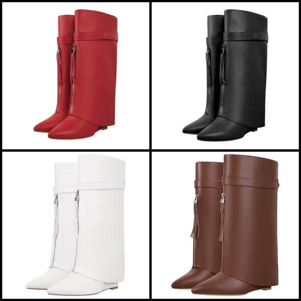 Women Fashion Pointed Toe Front Zipper Wedge Knee High Boots