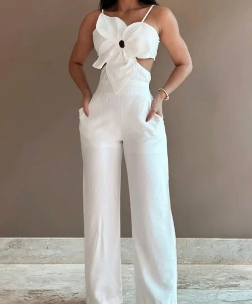 Women Sleeveless Floral Solid Color Sexy Fashion Jumpsuit
