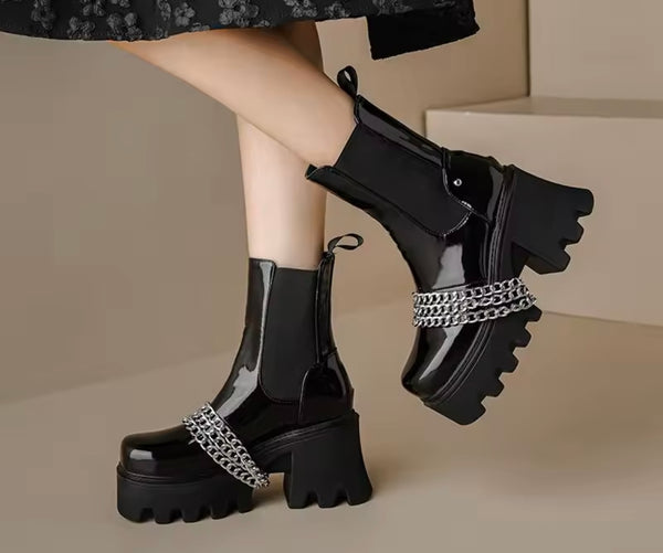 Women Black Fashion Chain Platform Ankle Boots