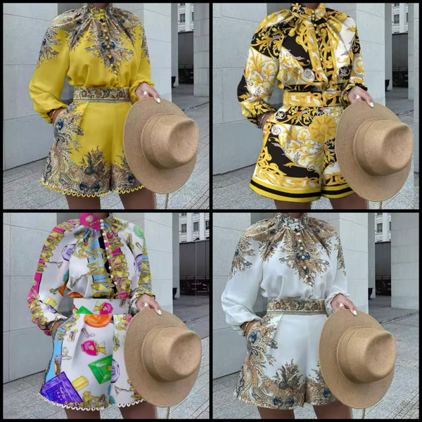 Women Fashion Printed Button Up Full Sleeve Two Piece Short Set