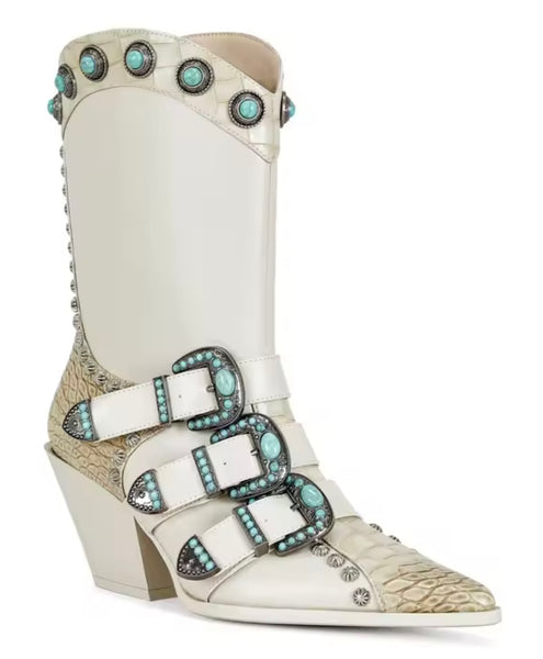 Women Fashion Animal Print Buckled Jewel Ankle Western Boots