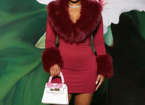 Women Sexy Burgundy Faux Fur Patchwork Full Sleeve Dress