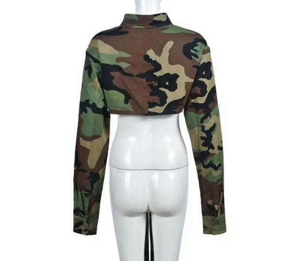 Women Full Sleeve Button Up Camouflage Fashion Crop Top