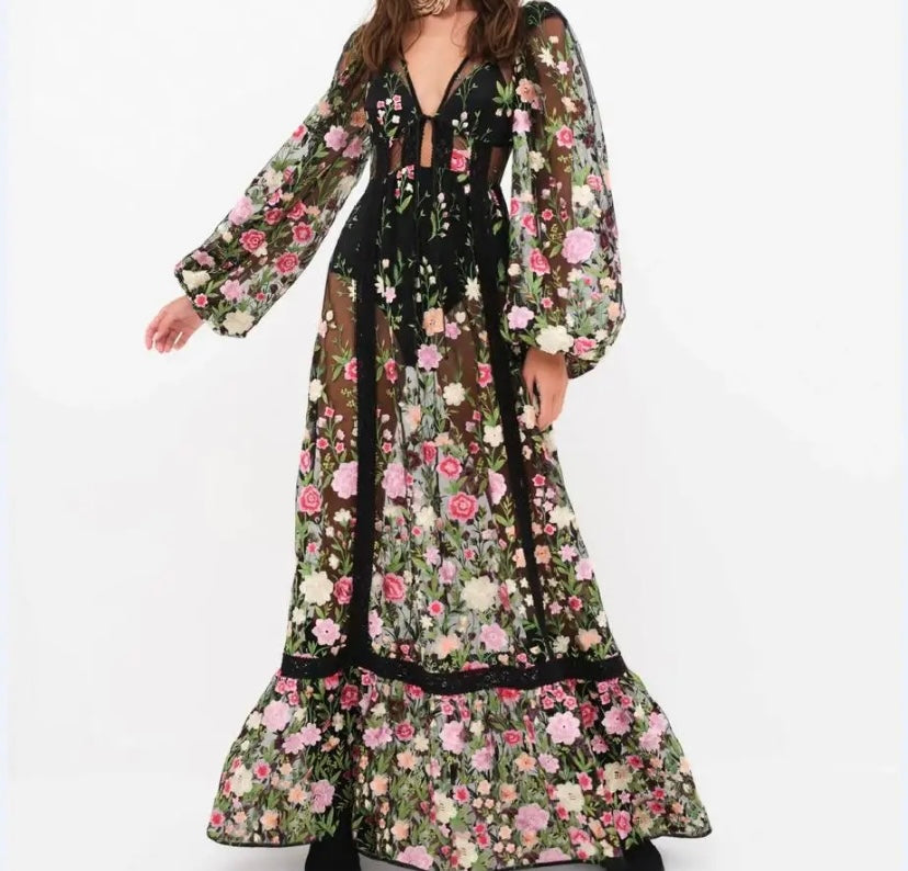 Women Sexy Mesh Floral Open Back Full Sleeve Maxi Dress
