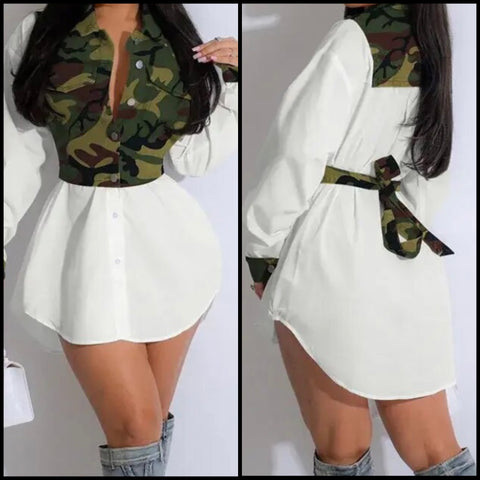 Women Fashion Full Sleeve Button Up Camouflage Patchwork Top