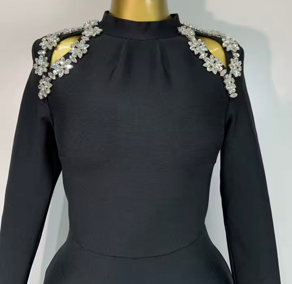 Women Black Rhinestone Floral Chain Full Sleeve Side Split Maxi Dress