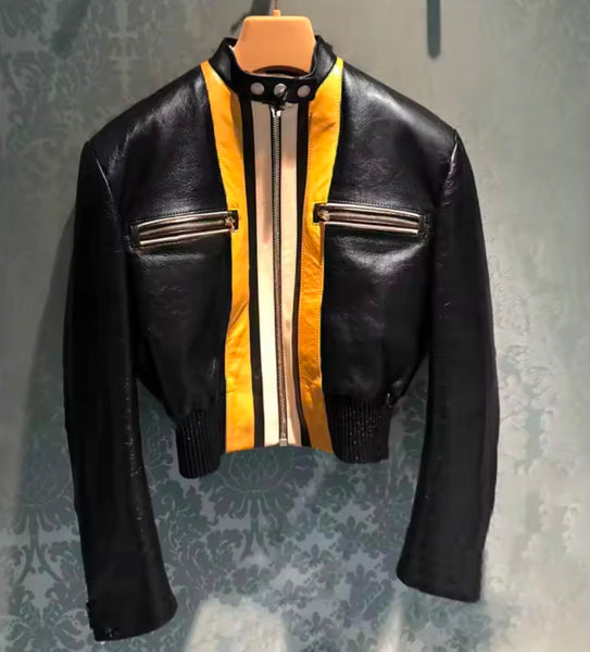 Women Fashion Color Patchwork Striped Zip Up Faux Leather Jacket