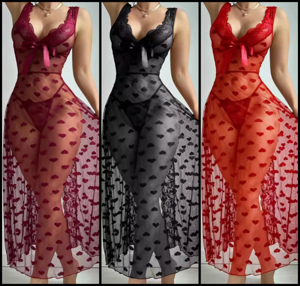 Women Sexy Heart Print Mesh Nightgown Lingerie Set