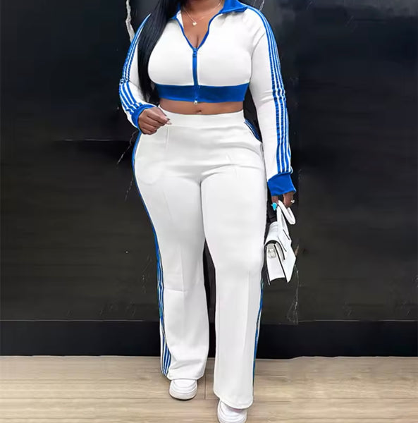 Women Color Fashion Full Sleeve Striped Tracksuit Two Piece Pant Set