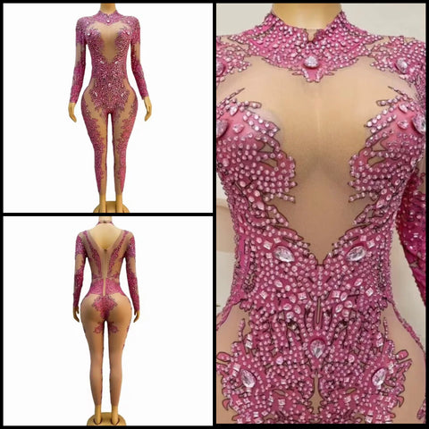 Women Sexy Pink Bling Crystal Full Sleeve Mesh Jumpsuit