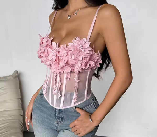 Women Pink Sleeveless Floral Mesh Tank Top